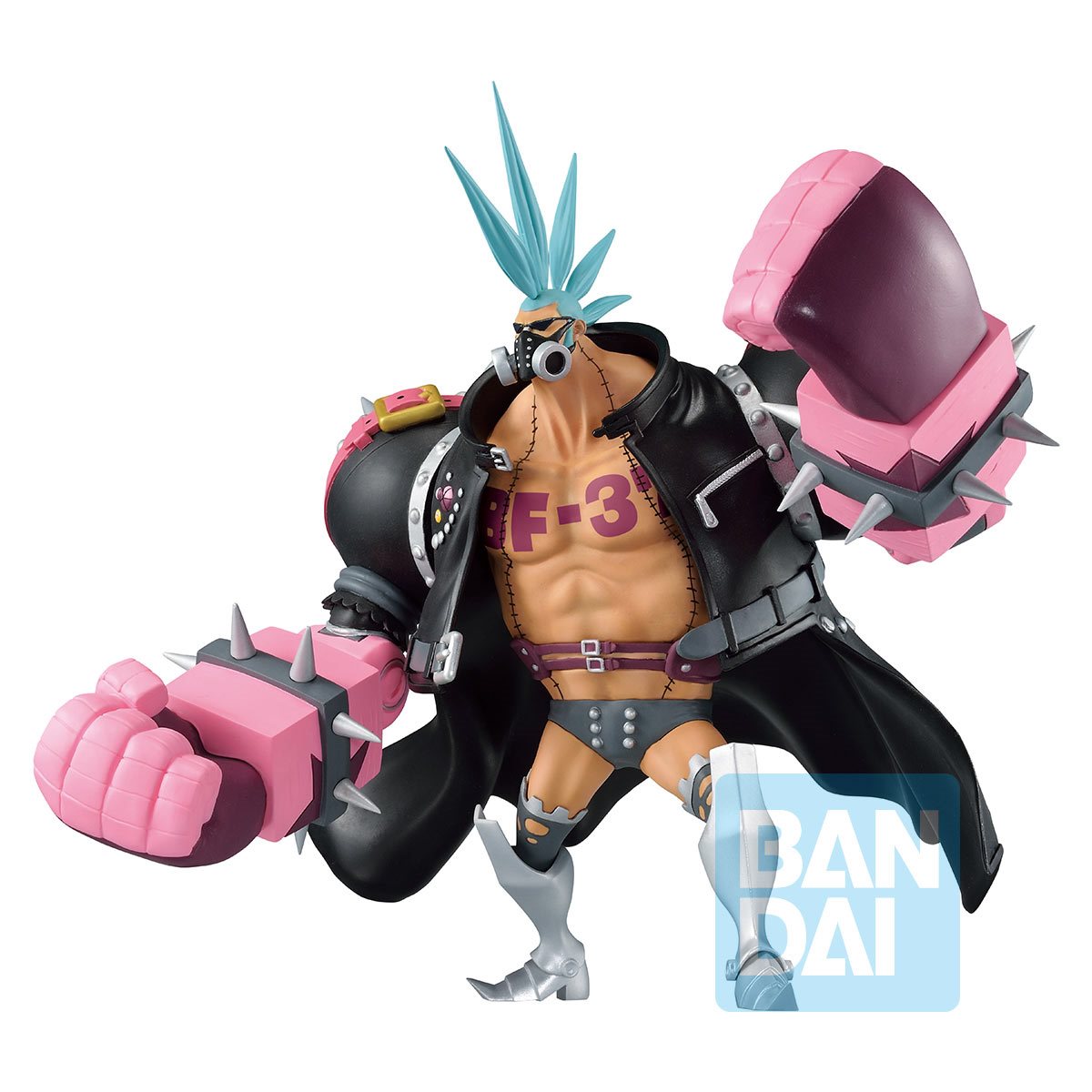 FRANKY CHAQUETA NEGRA, MASCARA DE GAS Y BRAZOS ROSA ONE PIECE BANDAI 8 PULGADAS